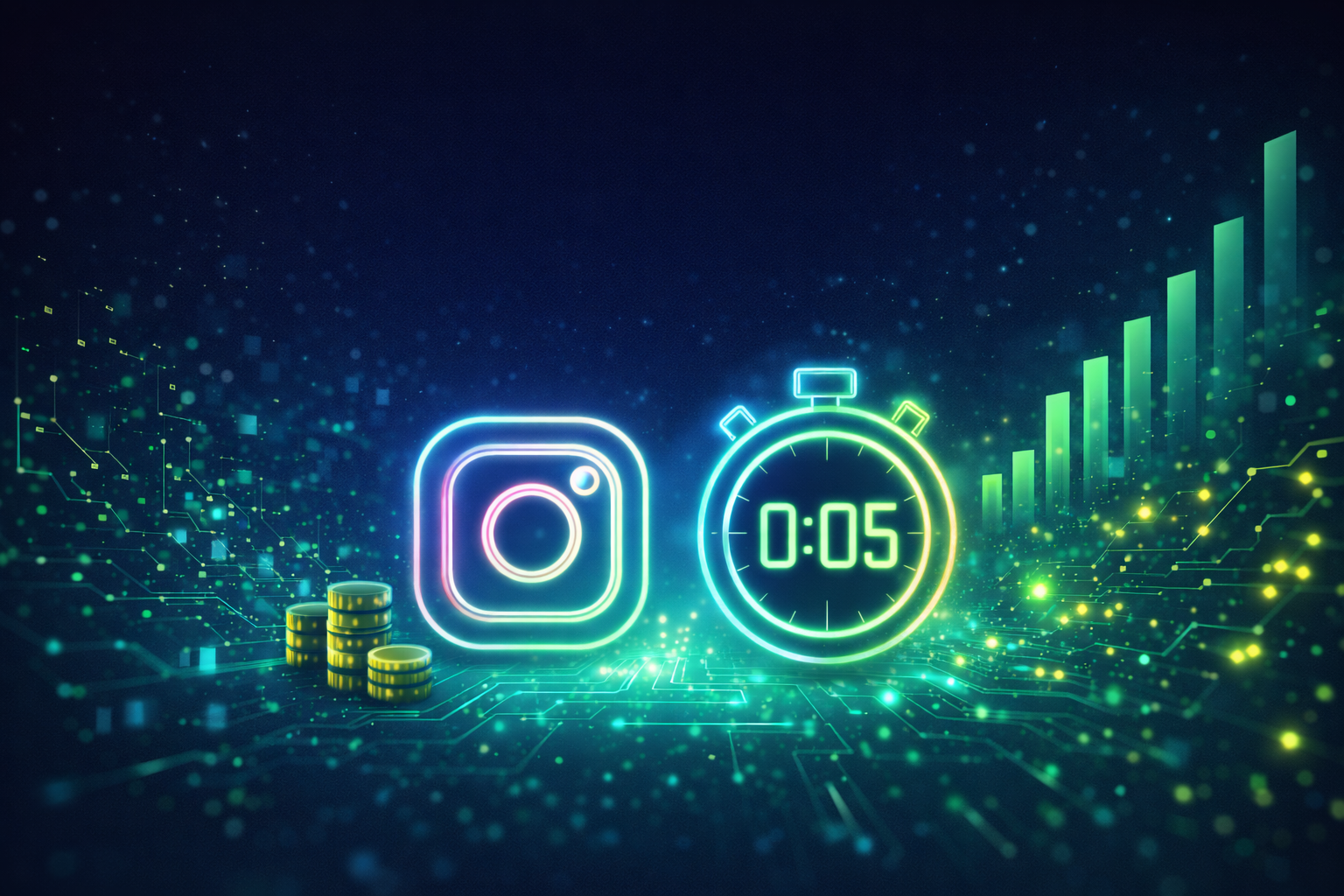 インスタ分析ツール「Insco」の紹介画像。暗闇に光るInstagramのロゴとストップウォッチが、5秒で完了する爆速リサーチとバズり投稿の抽出、競合分析の自動化を表現しています。