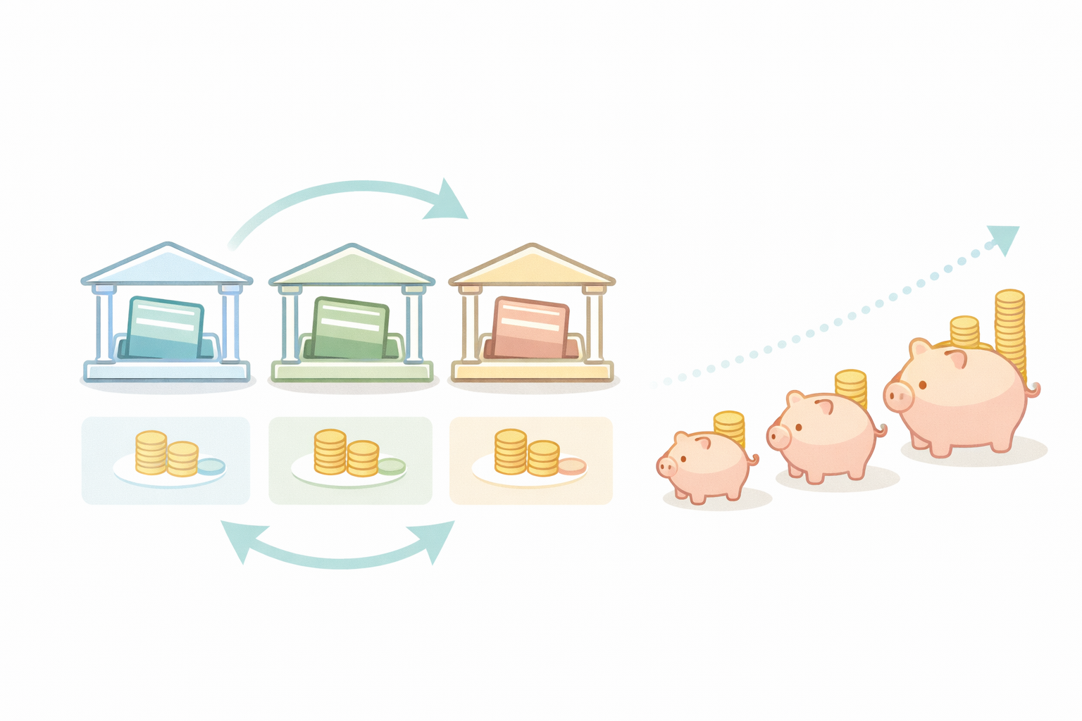 日常用・貯金用・緊急用の3つの口座を分けて管理する仕組みを表したフラットデザインのイラスト