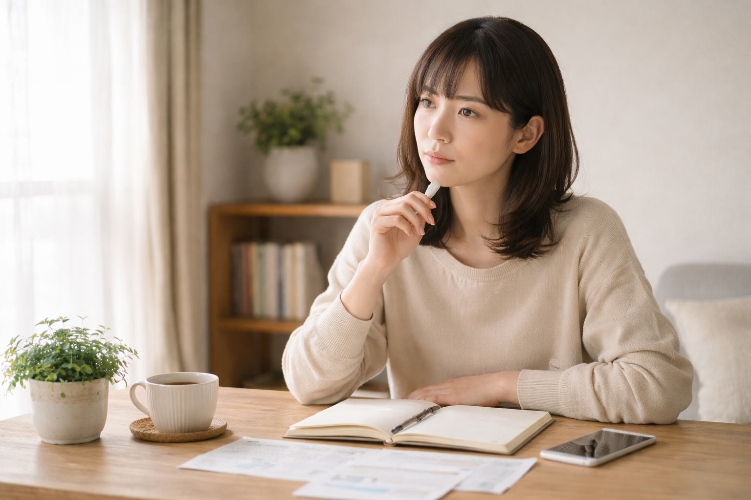 お金の使い道をノートで整理している20代女性