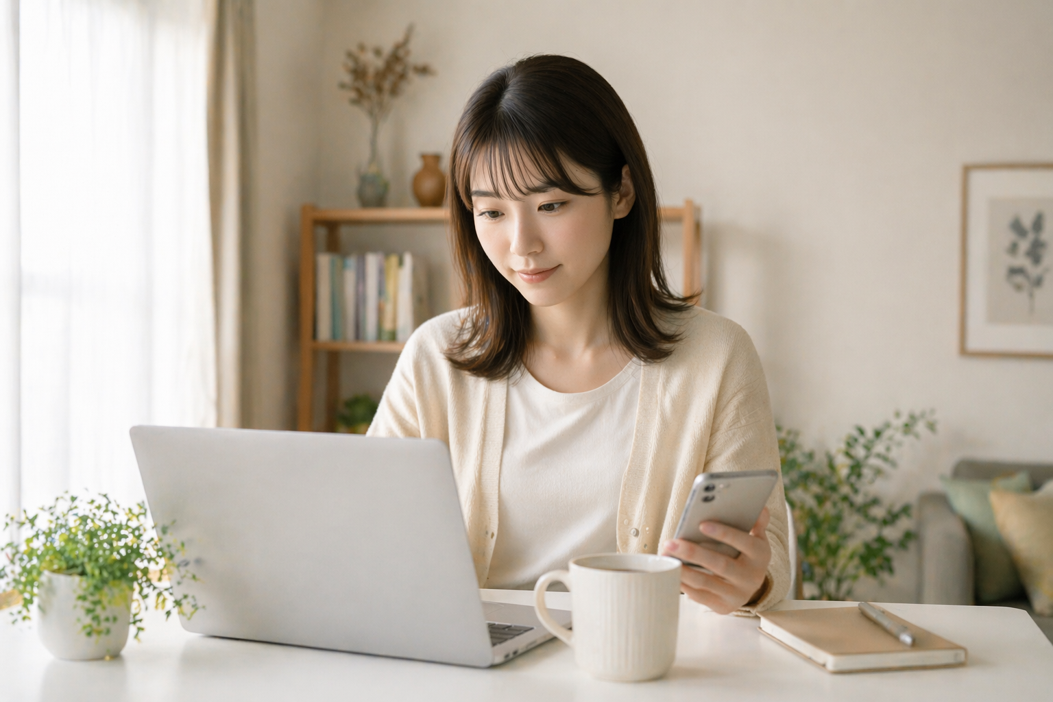 一人暮らしの20代女性がスマホと家計アプリで固定費を見直している様子