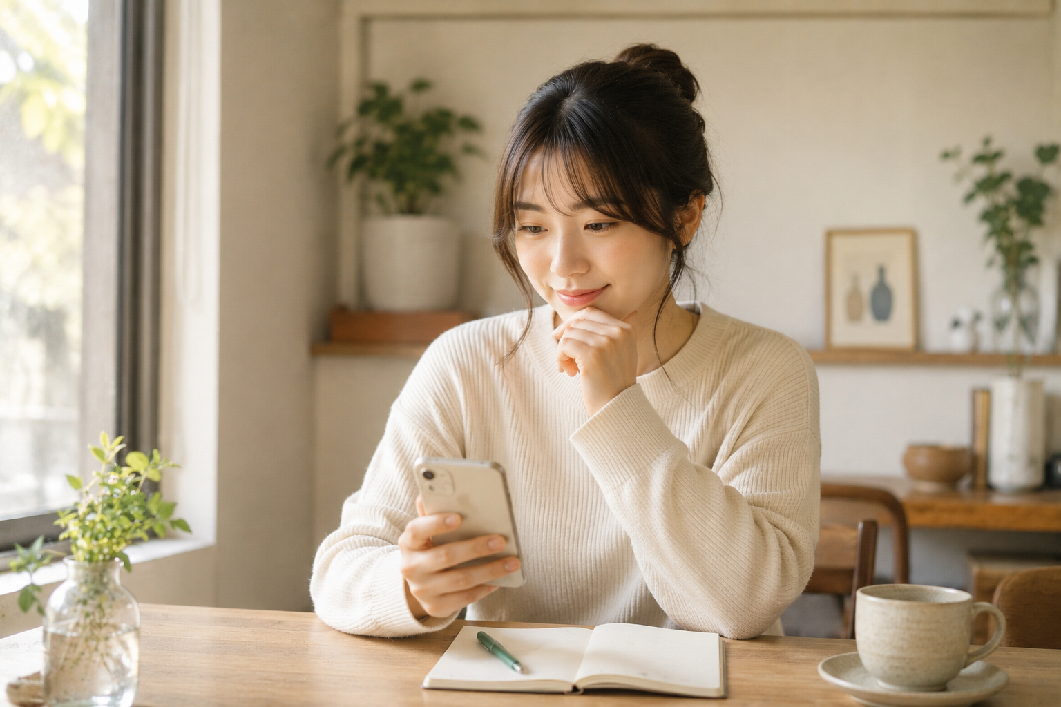 スマホでお金の運用を調べて前向きな表情になっている20代女性